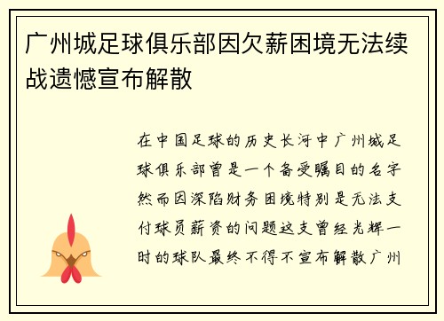 广州城足球俱乐部因欠薪困境无法续战遗憾宣布解散