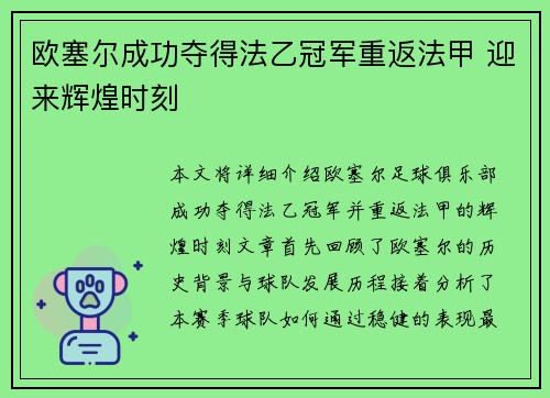 欧塞尔成功夺得法乙冠军重返法甲 迎来辉煌时刻